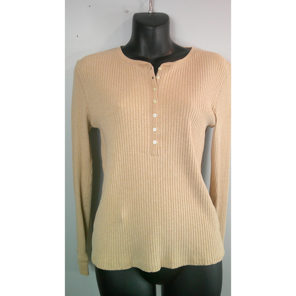 Lands' End Long Sleeve Women's Medium 10/12 Beige Tan 3/4 Button V neck - Picture 2 of 4